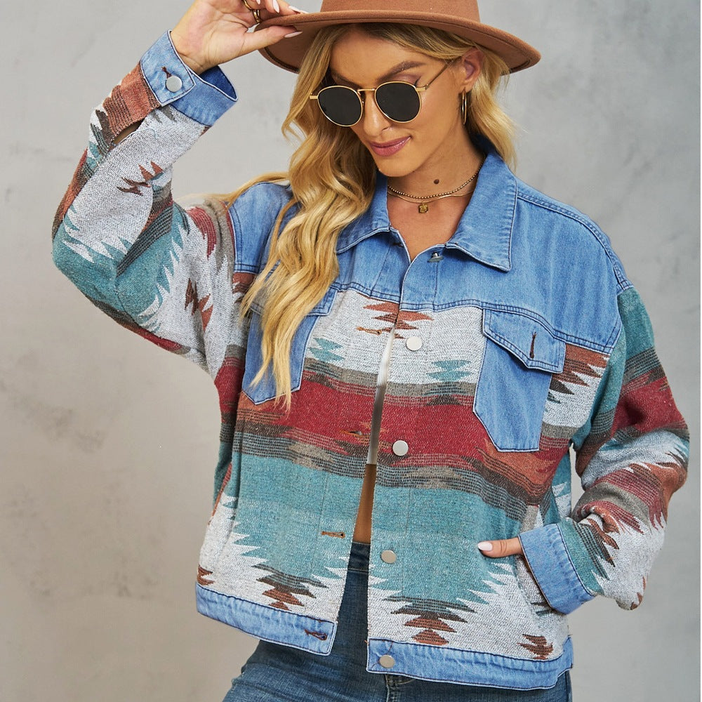 European and american cross-border foreign trade women's clothing  independent station autumn hard-washed color matching denim outwear shorttops