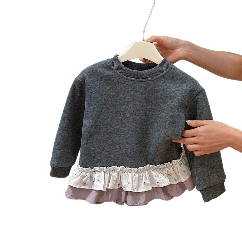 New girls' fall/winter fleece-lined top with lace trim - baby girl's autumn base layer, kids' early autumn outerwear sweatshirt, children's clothing
