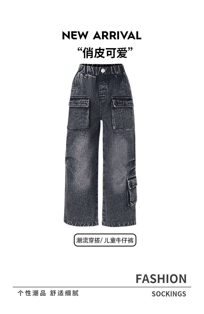 kidsloose pantsjeansk-style washed and distressed multi-flap pocket pantsretroworkwear men's and women's children's clothingstraight-leg pants