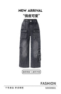 kidsloose pantsjeansk-style washed and distressed multi-flap pocket pantsretroworkwear men's and women's children's clothingstraight-leg pants