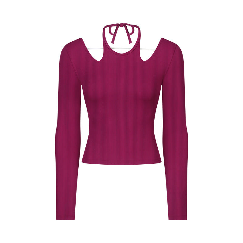 Vertical ribbed 2.0 sexy halter dance sports long sleeves silmslimming look pilates yoga clothes daw027