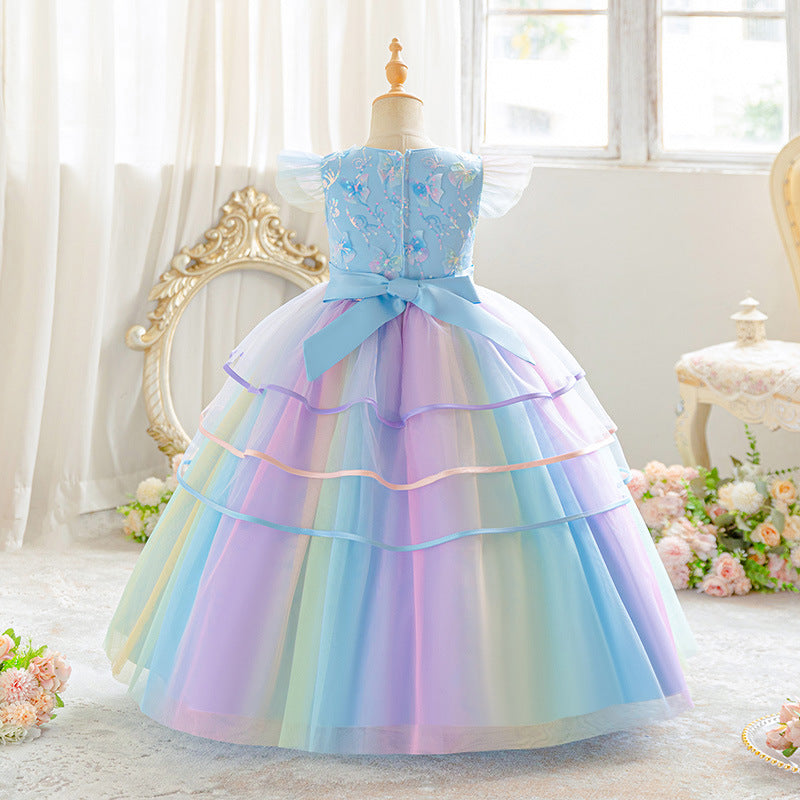 Export style girl dress colorful mesh gradient fashion tutu skirt kids princess skirt longin stock small flying sleeves
