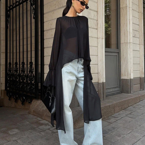 European and American commuter women's clothing black mesh irregular niche design sense round neck streamer lotus leaf sleeve long sleeve top
