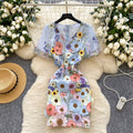 High-end women's summer dress - french vintage v-neck lantern sleeve, heavily embroidered mesh, cinched waist, puff sleeve dress