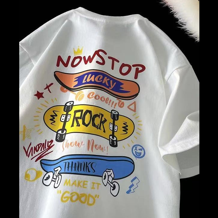 White cotton boys' short-sleeve t-shirt, summer  new arrival, loose fit, casual cartoon print, kids' half-sleeve tee 002
