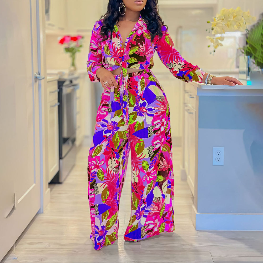Q122 women's foreign trade  new fashion printed two-piece set: turn-down collar tie-front shirt and wide-leg pants set