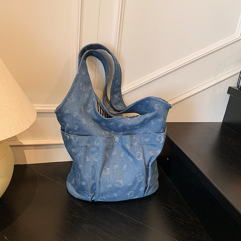 Cross-border casual lazy style denim bag women's 2025 new versatile shoulder bag college student class tote bag
