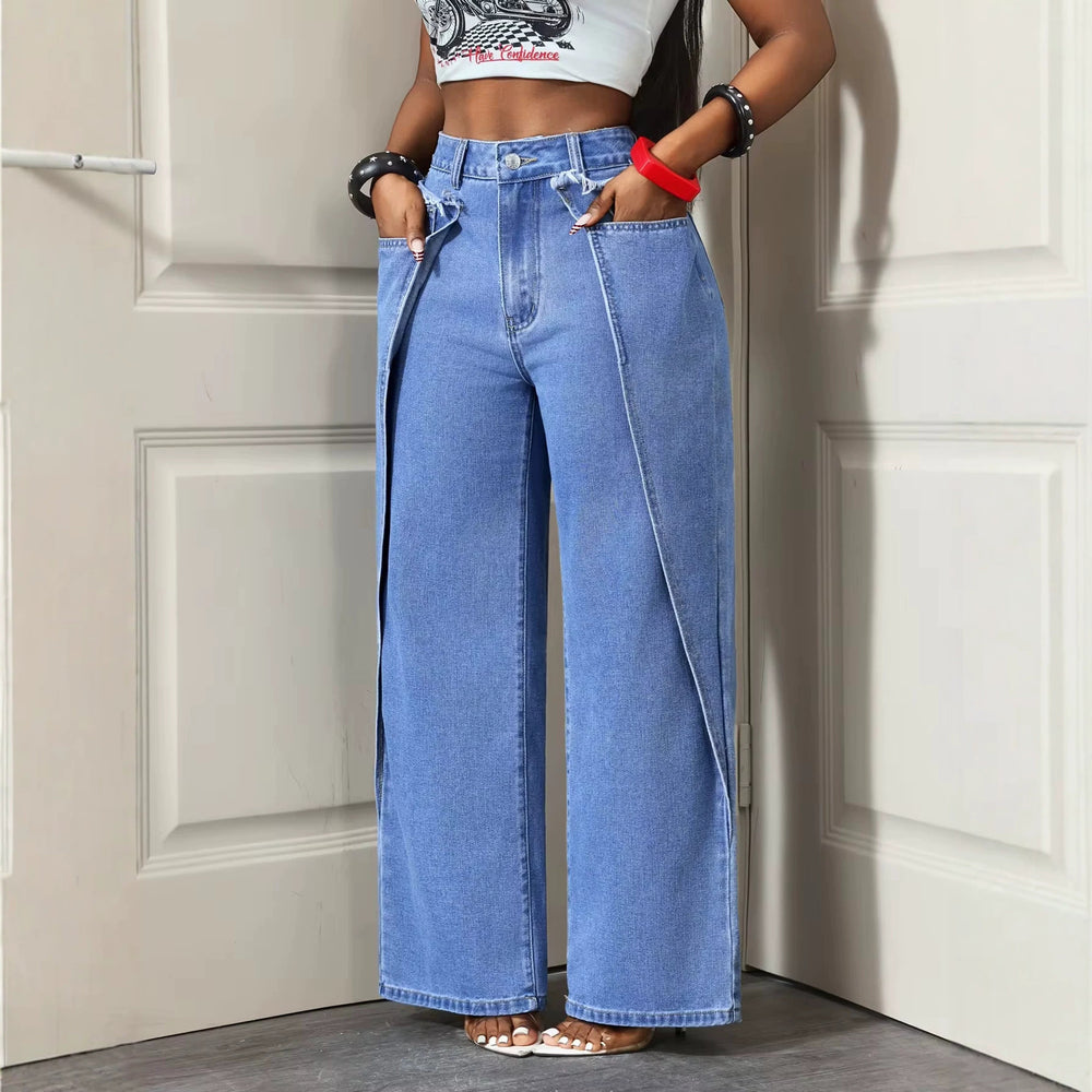 Fashionjeans women's high waist raw edge waist stereo patchwork slit wide leg pants washed loosedrapedpants