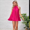 Amazon-chic, european and american style,  spring new arrival: solid color, off-the-shoulder, pleated, stand-up collar, tie-up, sleeveless dress