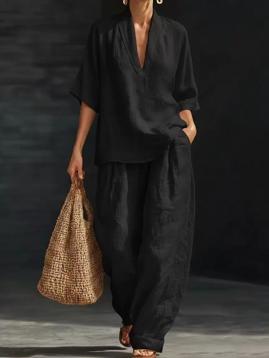 cross-border spring women's casual comfort linen two-piece set