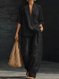 cross-border spring women's casual comfort linen two-piece set