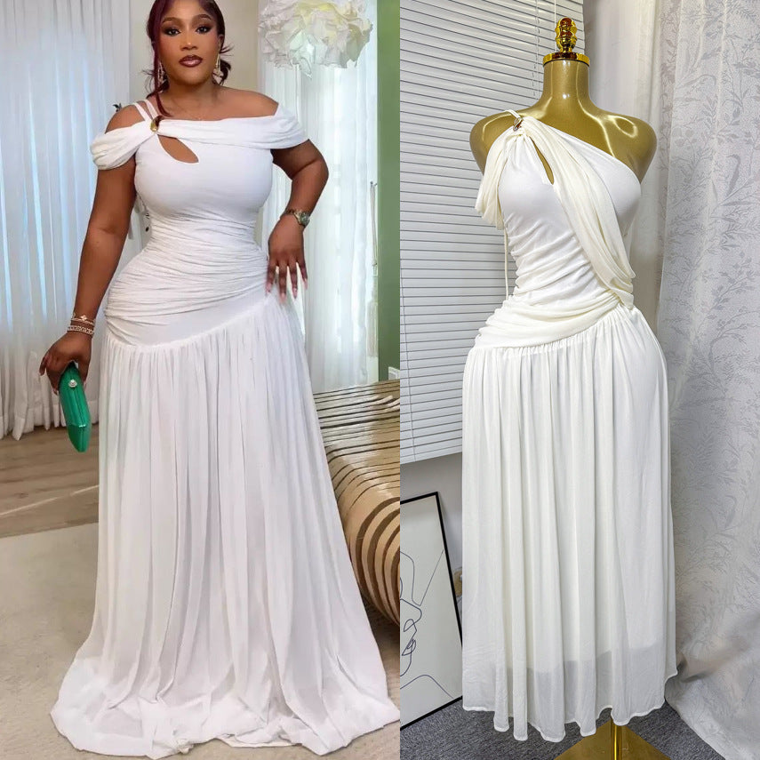 fashionsummer oblique shoulder twist-off shoulder sense of design long skirt sexy dress long skirt