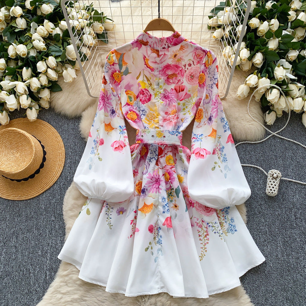 new resort style women's dress - french chic stand collar, single-breasted button, cinched waist, lantern sleeves, printed a-line dress
