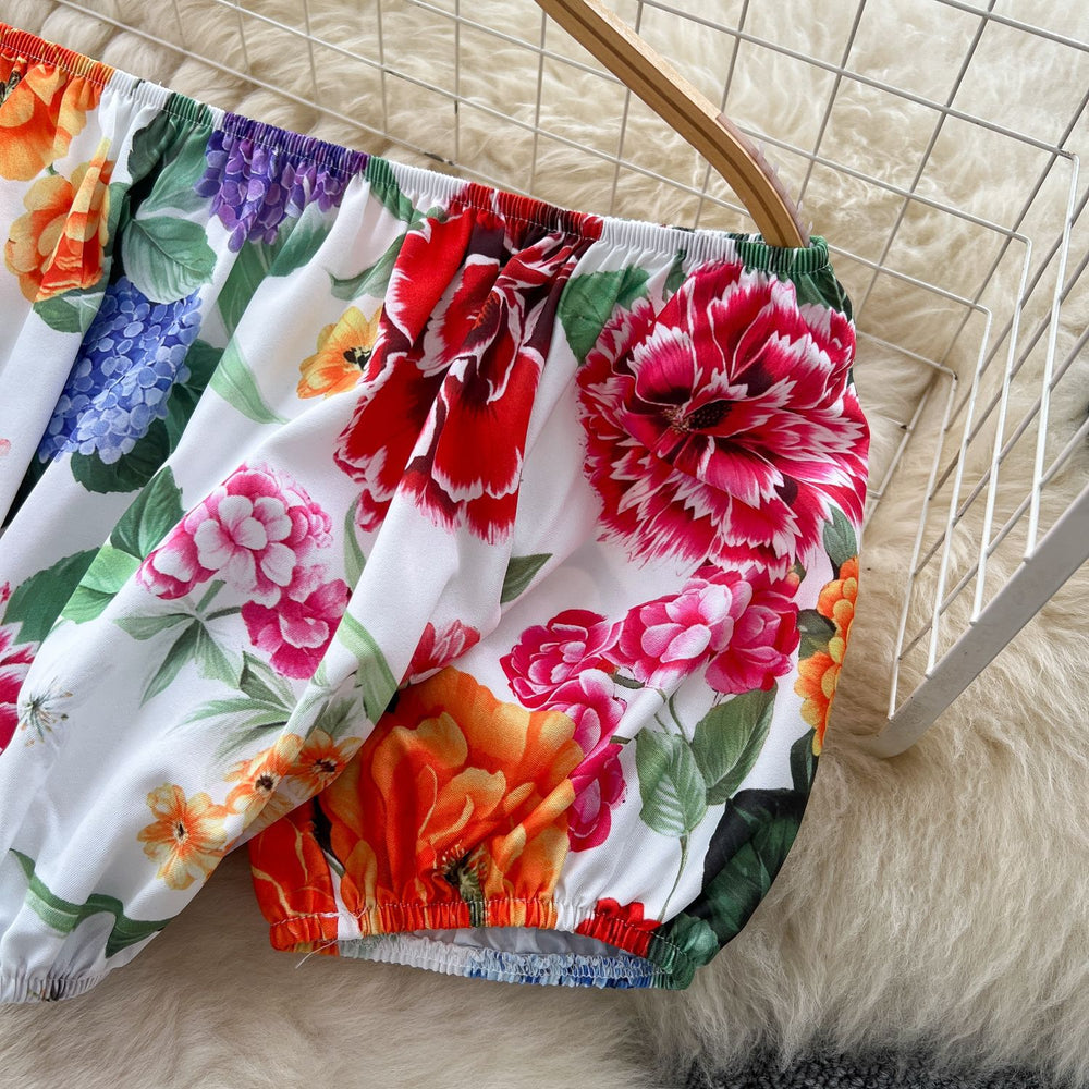 European and american hot girl style printed off-the-shoulder puff sleeve top + high-waisted slimming long midi skirt set for women - summer collection