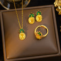 Titanium steel necklace women's new fanta stone yellow diamond pineapple creative fruit green diamond earrings open ring set accessories
