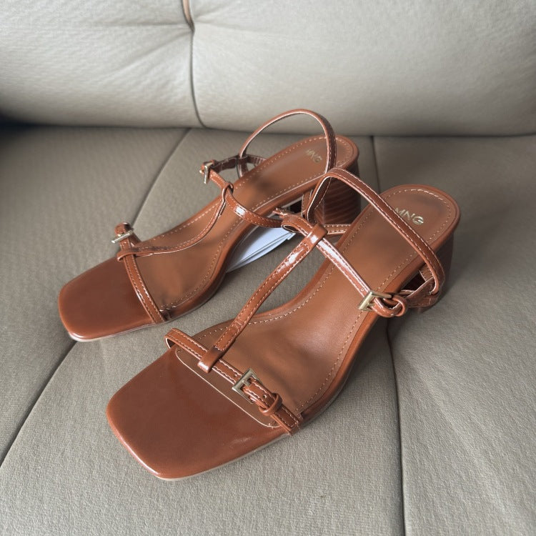 Spanish one-strap buckle 2025 spring new arrival black fashion european and american casual high heel open toe sandals women's shoes square toe
