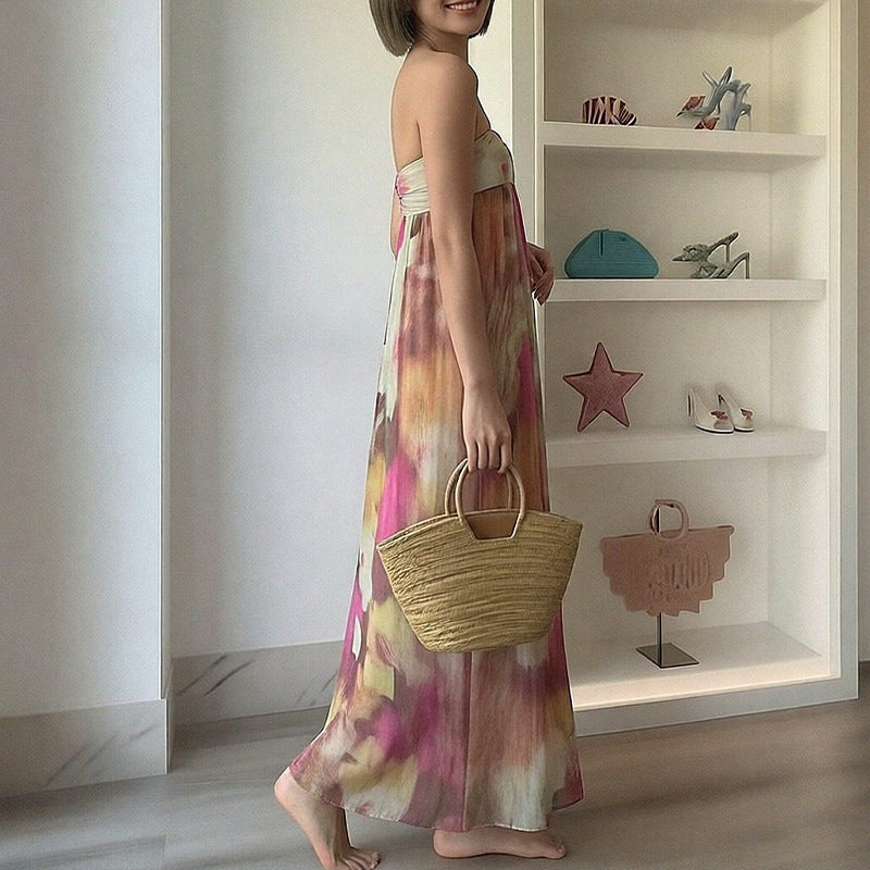 women's summer dress - european and american export fashion, trendy vacation style printed bandeau backless dress