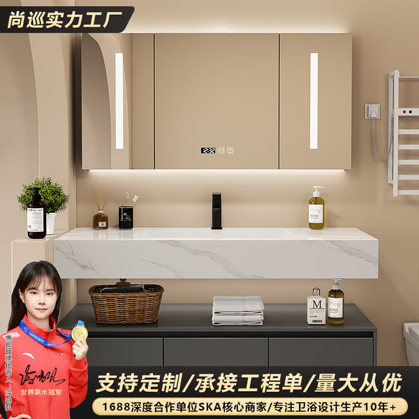 [Customized] Rock slab ceramic seamless integrated basin solid wood bathroom cabinet combined bathroom hand wash basin cabinet