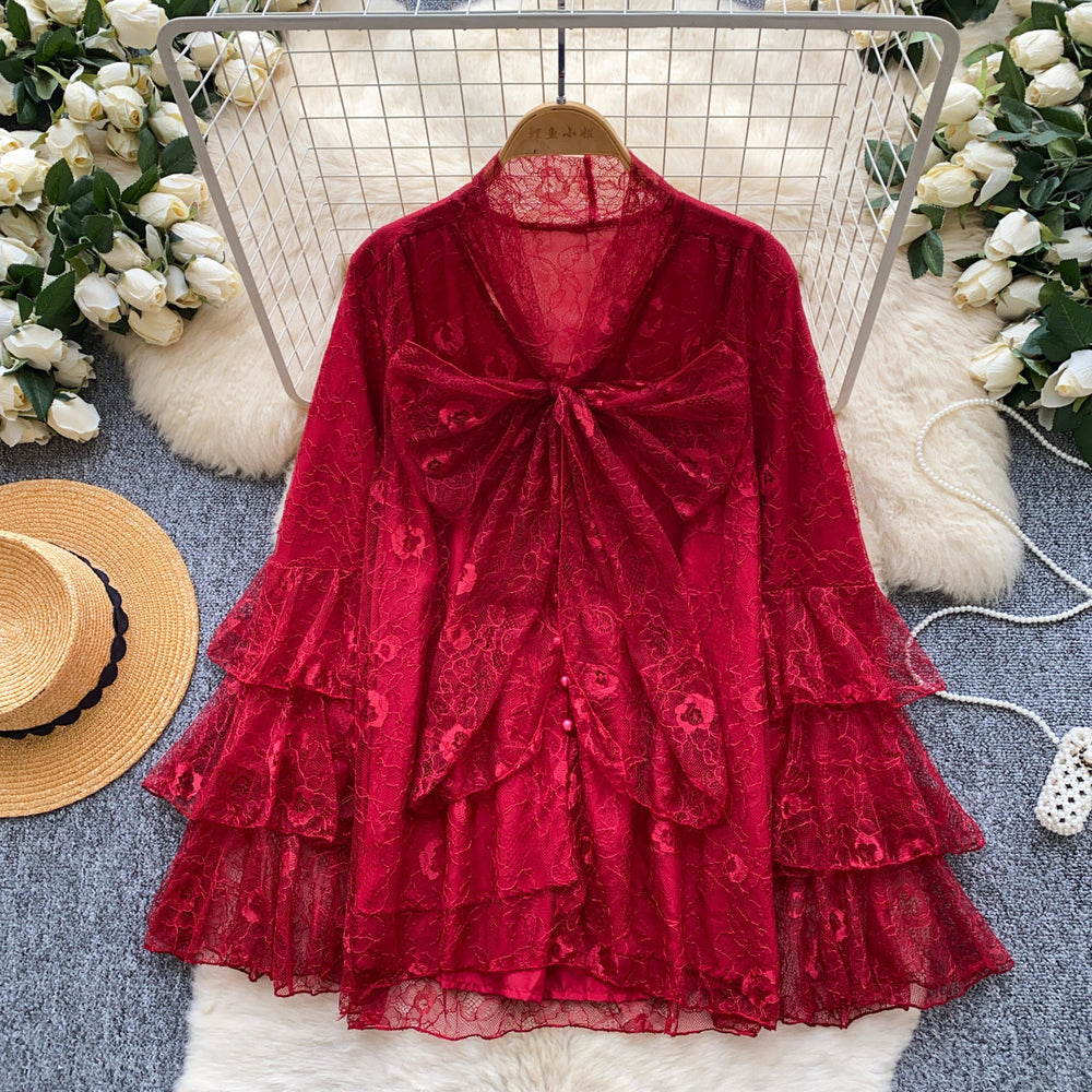French chic red lace bow blouse - women's spring/autumn long sleeve, loose fit, youthful & elegant top