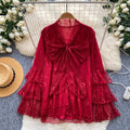 French chic red lace bow blouse - women's spring/autumn long sleeve, loose fit, youthful & elegant top