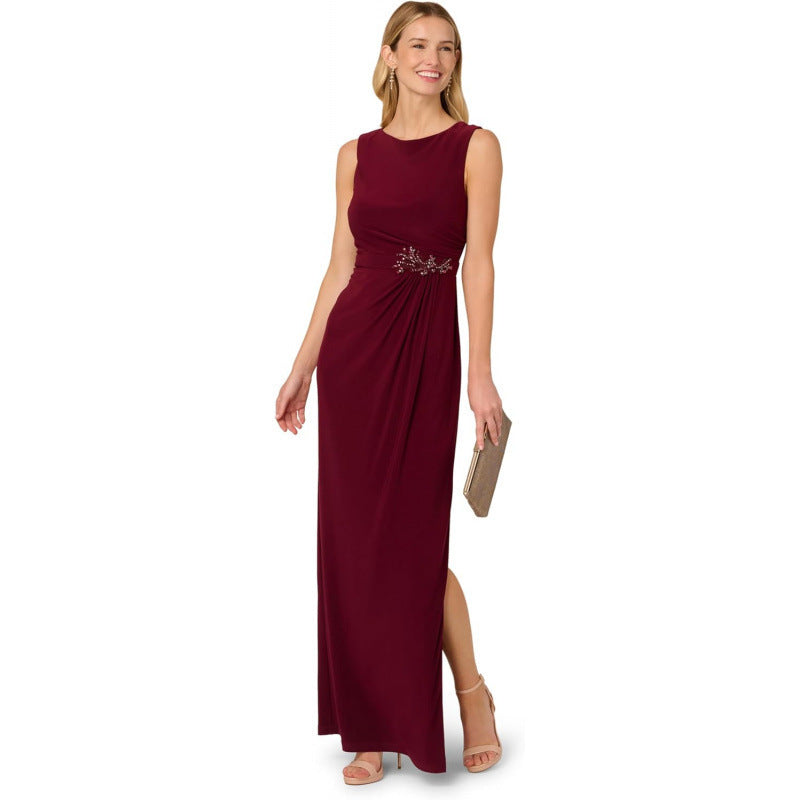 Amazon  summer fashion elegant wine red brocade embellished round neck dress for women