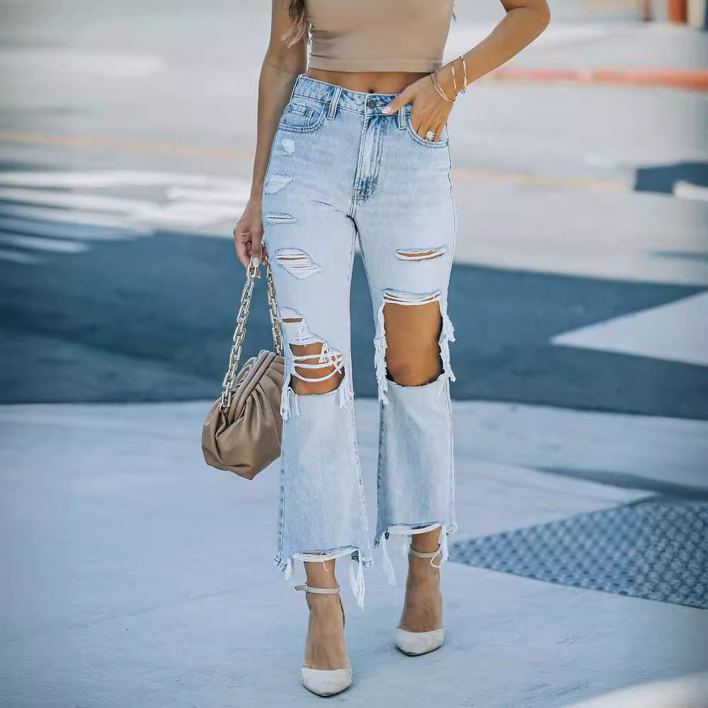 Amazon  fringed jeans for women fashionnew arrivalelegantwork clothingfashion washed hole straight-leg pants