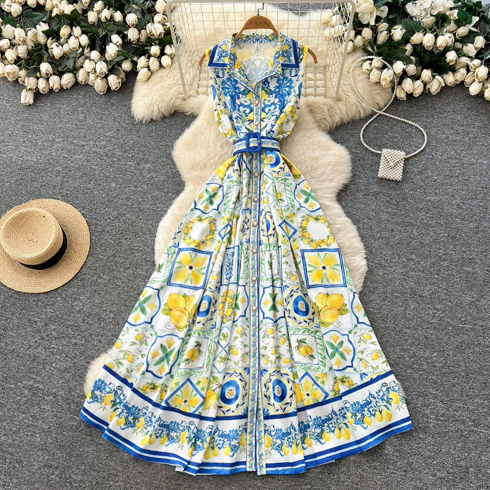Vacation style sleeveless lapel printingdress female summer k-style strap waist a-line long skirt eleganceelegant