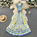 Vacation style sleeveless lapel printingdress female summer k-style strap waist a-line long skirt eleganceelegant
