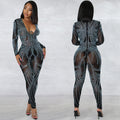 C5885   fashion sexy nightclub mesh see-through long sleeve v-neck jumpsuit women's bodysuit