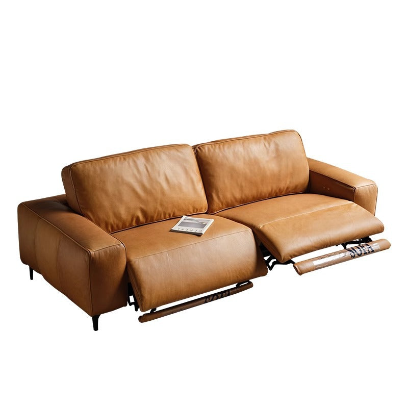 Foshan-made genuine leather electric recliner sofa, perfect for small apartments. this adjustable italian-style straight-row sofa is ideal for living rooms and home theaters