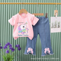 Girls' outfit  new cartoon cute animal korean style denim shorts lace short sleeve two-piece set for young children and toddlers