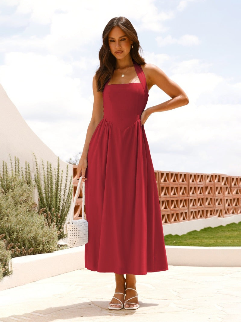Fashion cross-border foreign trade   new elegant women's pure color square collar waist halter backless dress