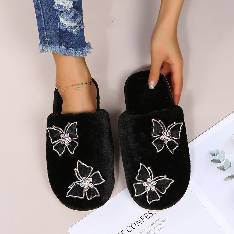 new arrivalins style cotton slippers for women indoor and outdoor flatsheattech shoes autumn and winter rhinestone butterfly popular furry slippers