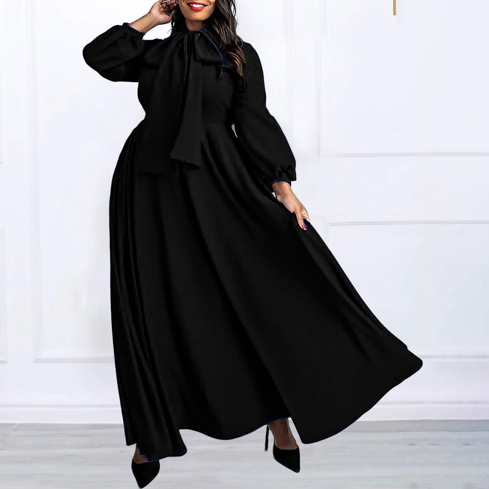 C8568  new autumn/winter solid color plus size tie-waist puff sleeve high-waisted maxi skirt african dress