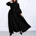 C8568  new autumn/winter solid color plus size tie-waist puff sleeve high-waisted maxi skirt african dress
