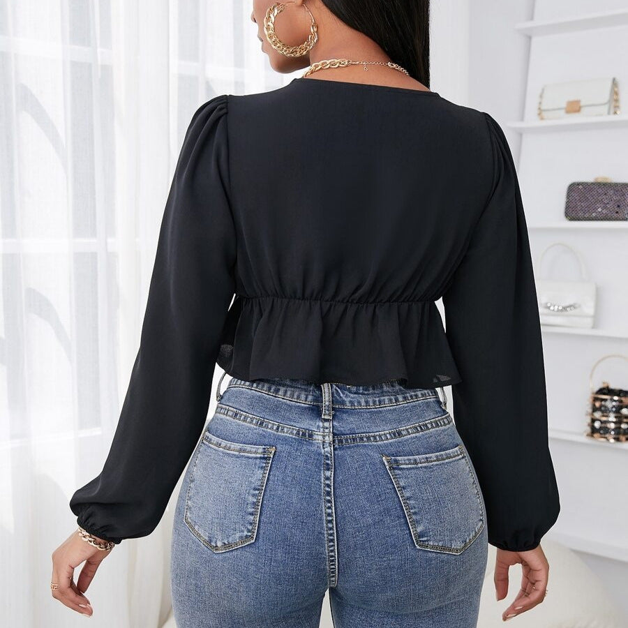 Eyelash lace lantern sleeve knotted front pleated short women's shirt