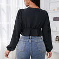 Eyelash lace lantern sleeve knotted front pleated short women's shirt