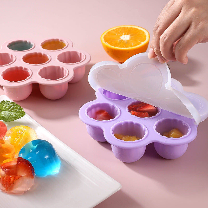 Food-grade silicone 7-cavity grapefruit-shaped jelly mold, home ice cube tray, baby food refrigeration box, ice mold with lid