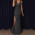 spring new european and american style women's foreign trade dress -  slit gold-embellished maxi dress evening gown