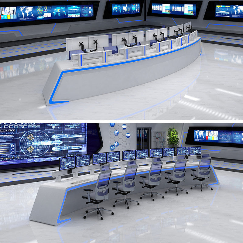 Saint li's futuristic surveillance console, command center curved control desk, central control room monitoring station, and workstation