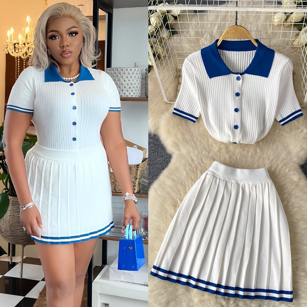Pure desire hot girl style contrast color polo collar short sleeve shirt tops + high waistslimming look pleated skirt two-piece set summer