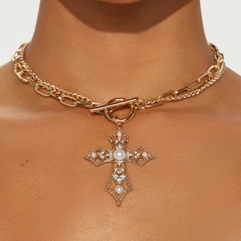 Cross necklace wholesale european and american cross-border autumn and winter jewelry accessories women's diamond-encrusted accessible luxury niche pearl sweater pendant