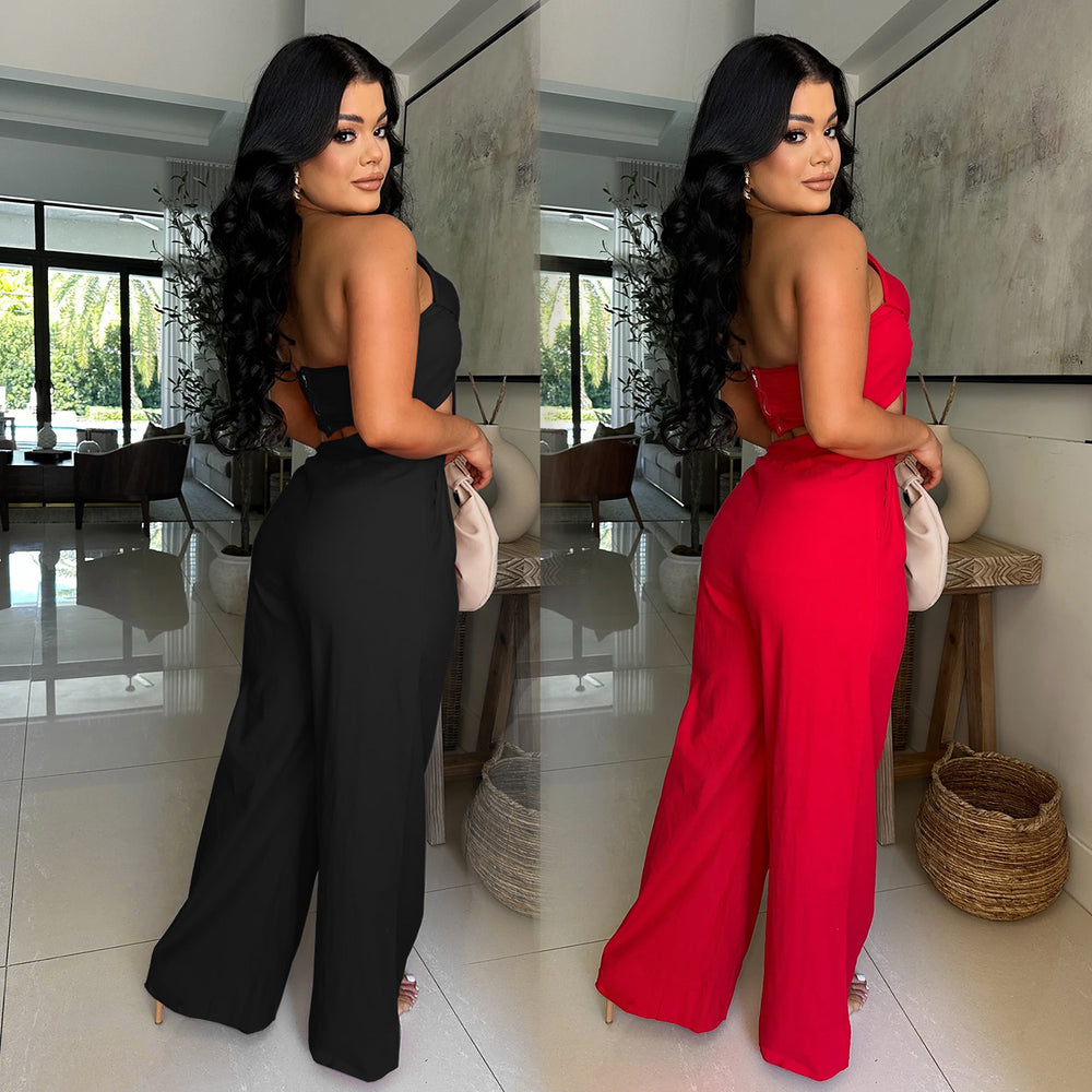 C7375 cross-border   fashion women's sexy bow casual pants two-piece set new