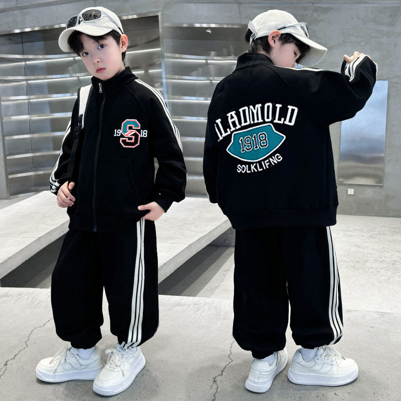 Boys'  spring collection: stylish two-piece outfit - kids' spring/autumn biker jacket & sportswear set (korean style)