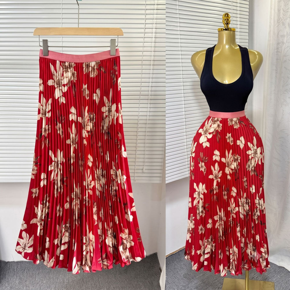 Exportsweeteasiest for matchpleated skirt large swing printing skirt women's frenchhigh waista-line medium long pleated skirt