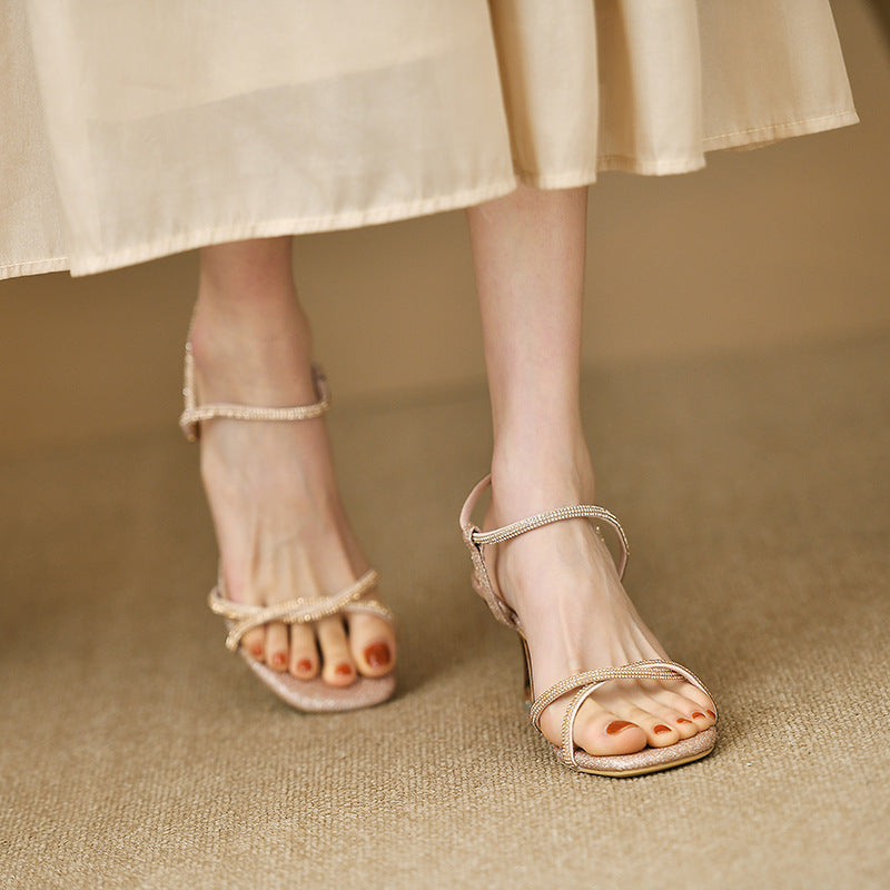 2026 cross-border hot-selling sparkling rhinestone dress sandals: stiletto heel, square toe, slip-on, open toe