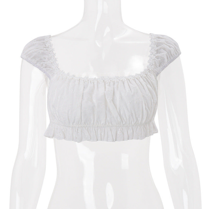 european and american women's clothing  summer new sexy square neck cropped slim-fit versatile flutter sleeve top