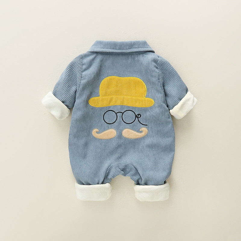 Baby outing one-piece clothes autumn winterthickened haki 0-1 years old baby boy climbing suit corduroy one-piece
