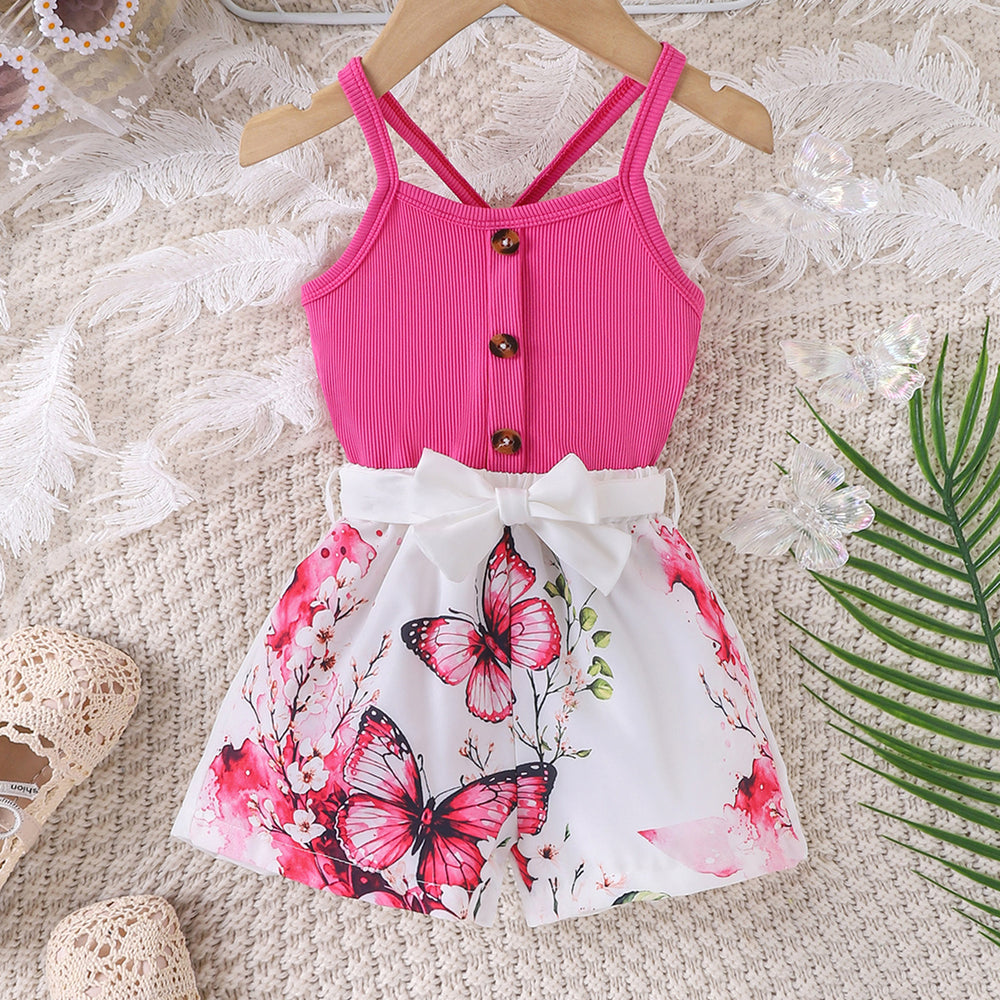 Children's clothing  fashion children's clothing rose red suspender top + printing pattern shorts girl