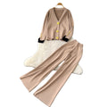 Xiaoxiangfengclassy heavy industry metal buttons v necklong sleevesknittingtops women's high waistloosestraight-leg pantssuit